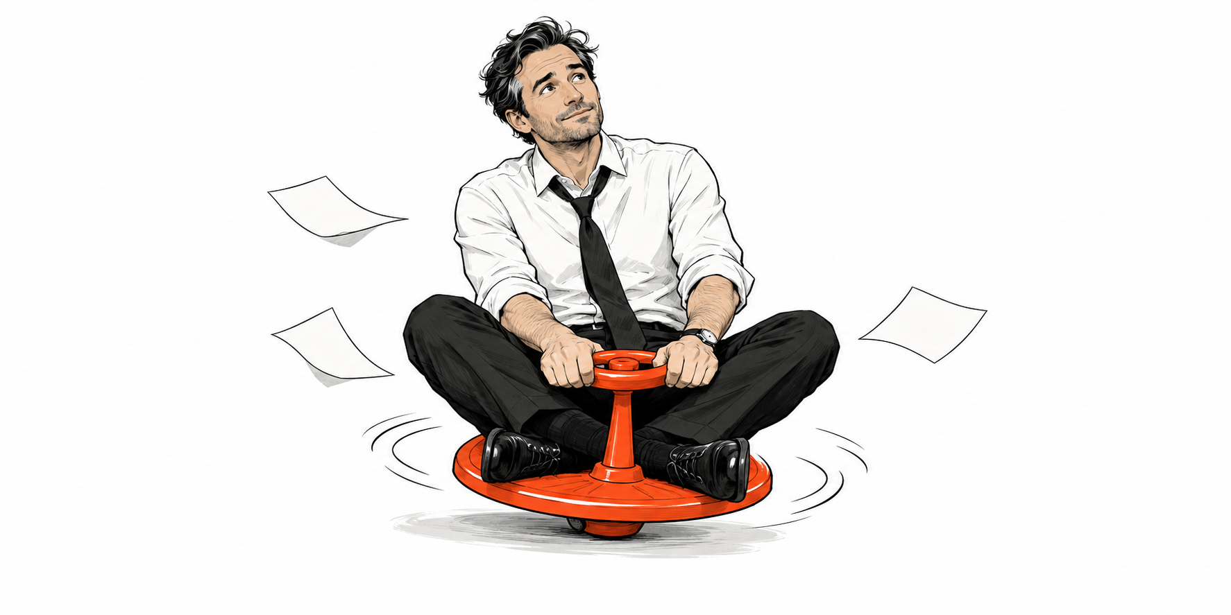 An office professional sitting on a small orange spinning toy, turning in place while papers drift nearby.