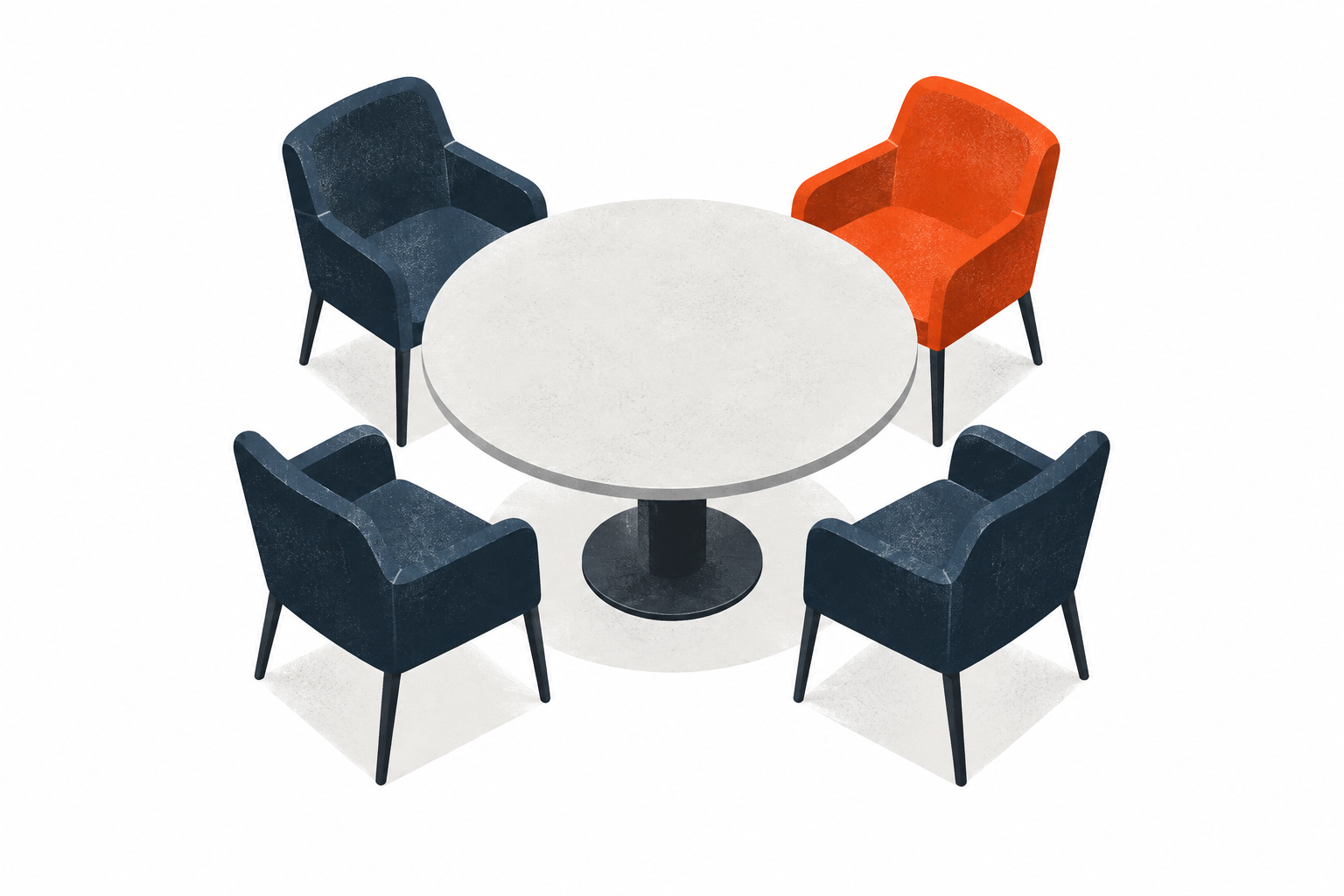 Four equal chairs around a round table, one highlighted in red-orange.