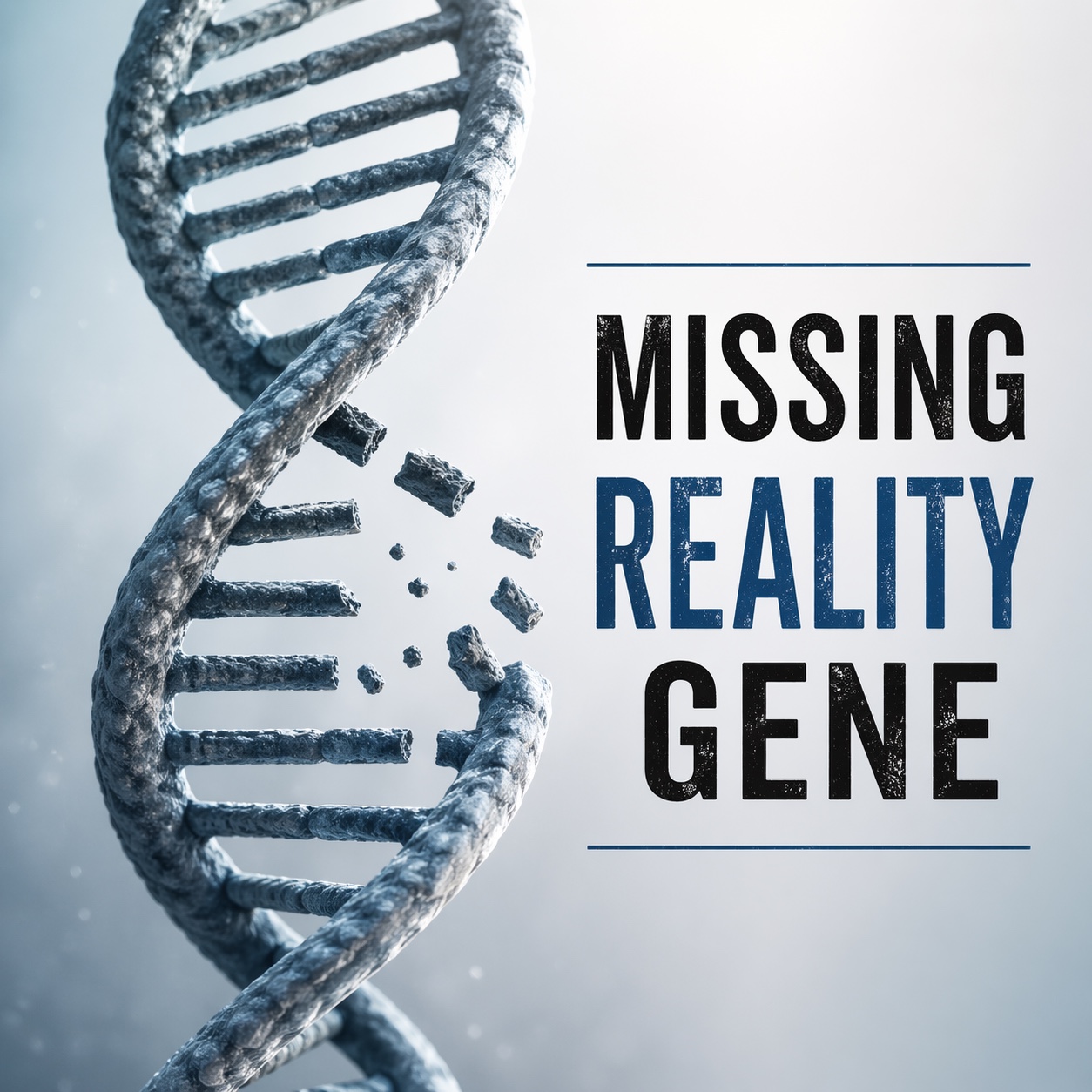A DNA strand with missing pieces beside the words Missing Reality Gene.