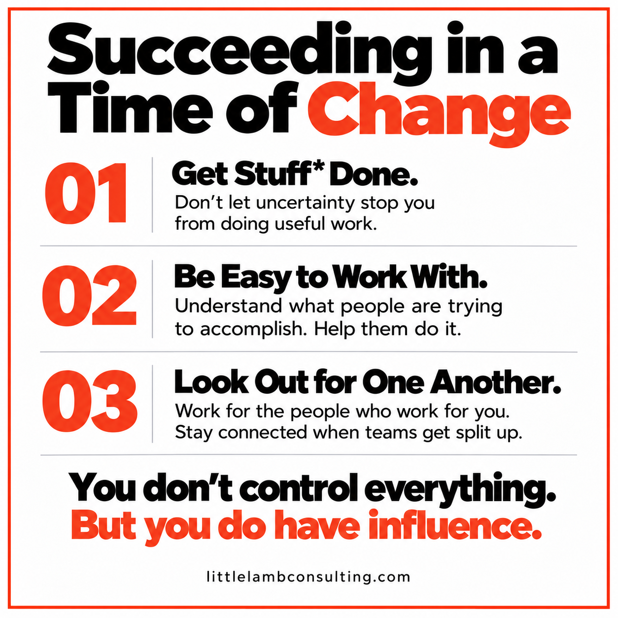 Three practical rules for succeeding during change, presented in black and orange.